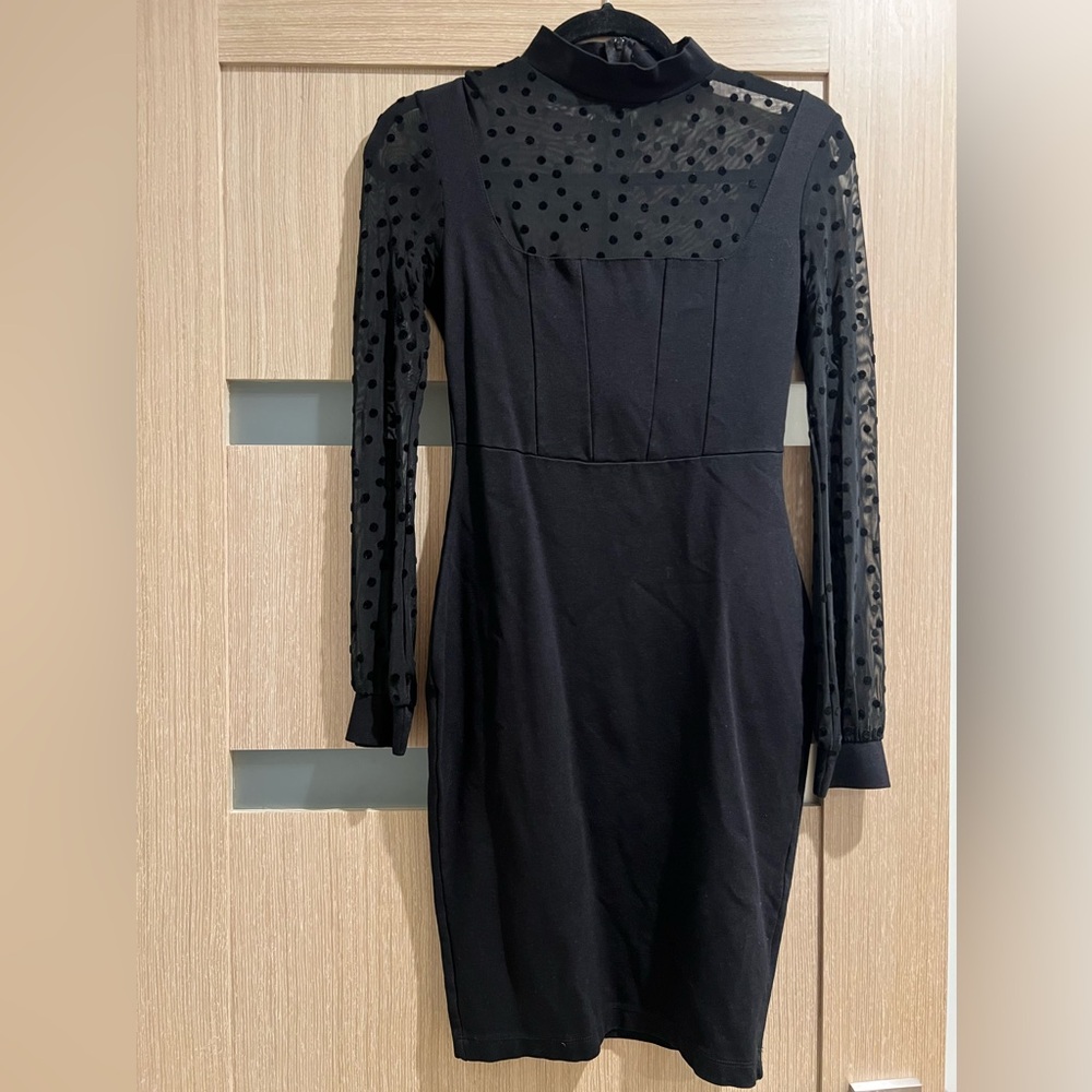 Black Midi Dress Mesh Polka Dots